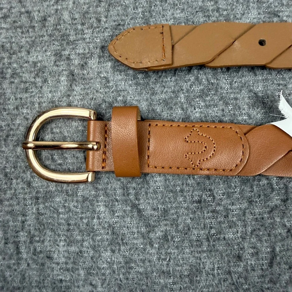 True Religion Braided Belt Womens L/XL Cognac Brown Faux Leather Gold Buckle